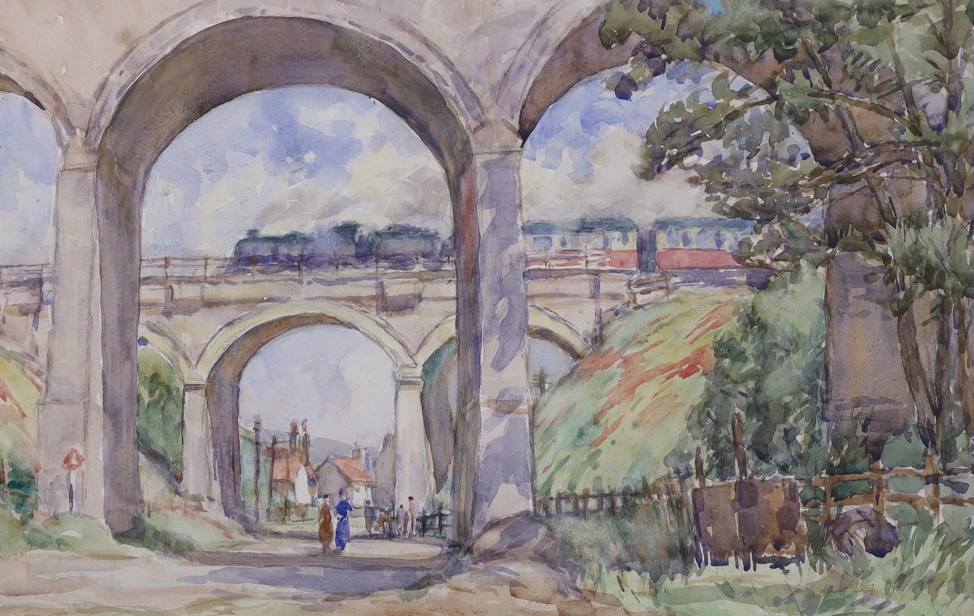 Tom W. Armes (1894-1968), watercolour, 'East Runton, Viaduct 1961', label verso, 33 x 54cm